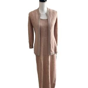 ANNE FOGARTY Vintage 1970s Metallic Knit Sweater Maxi Dress and Cardigan Set MED